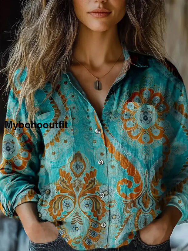 Retro Boho Floral Art Print Vintage Chic V-Neck Button Up Long Sleeve Shirt A / S