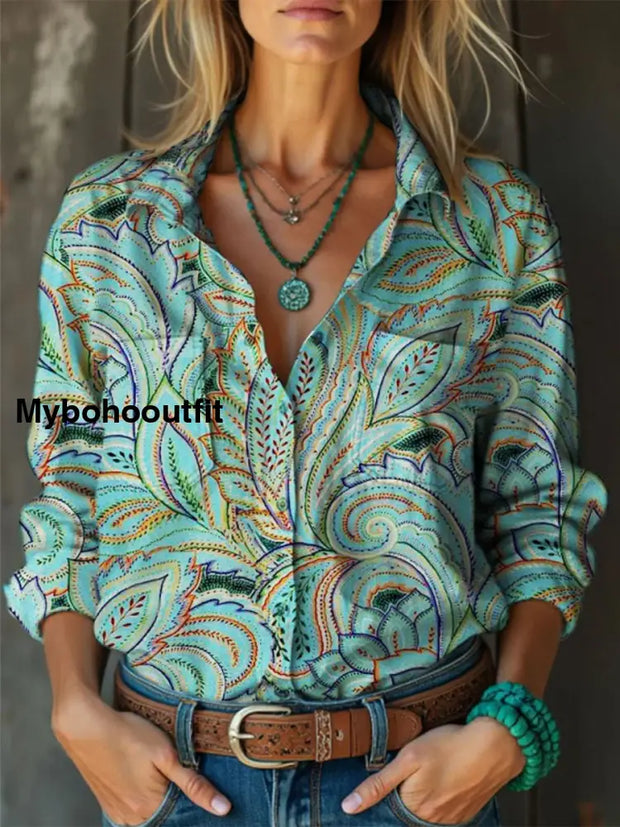 Retro Boho Floral Art Print Vintage Chic V-Neck Button Up Long Sleeve Shirt A / S