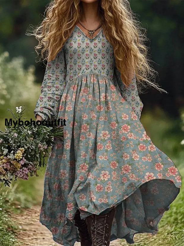 Retro Boho Floral Art Print Vintage Chic V-Neck Cotton Long Sleeve Midi Dress A / S