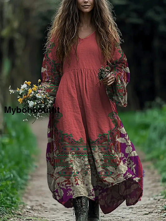 Retro Boho Floral Art Print Vintage Chic V-Neck Cotton Long Sleeve Midi Dress A / S