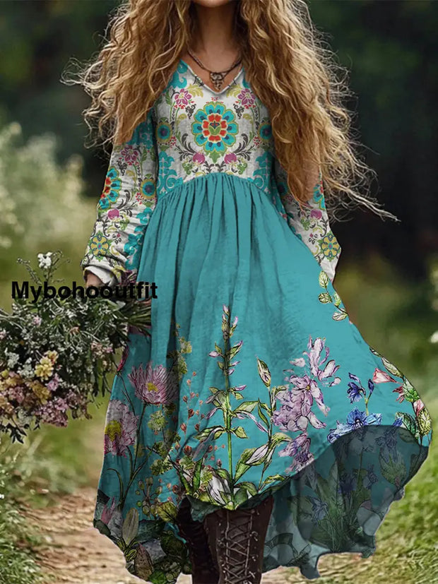 Retro Boho Floral Art Print Vintage Chic V-Neck Cotton Long Sleeve Midi Dress A / S