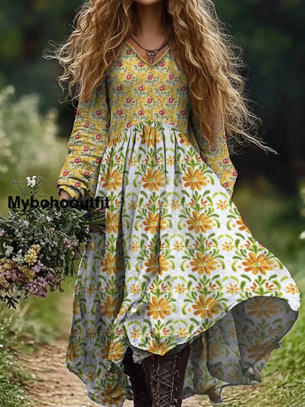 Retro Boho Floral Art Print Vintage Chic V-Neck Cotton Long Sleeve Midi Dress A / S