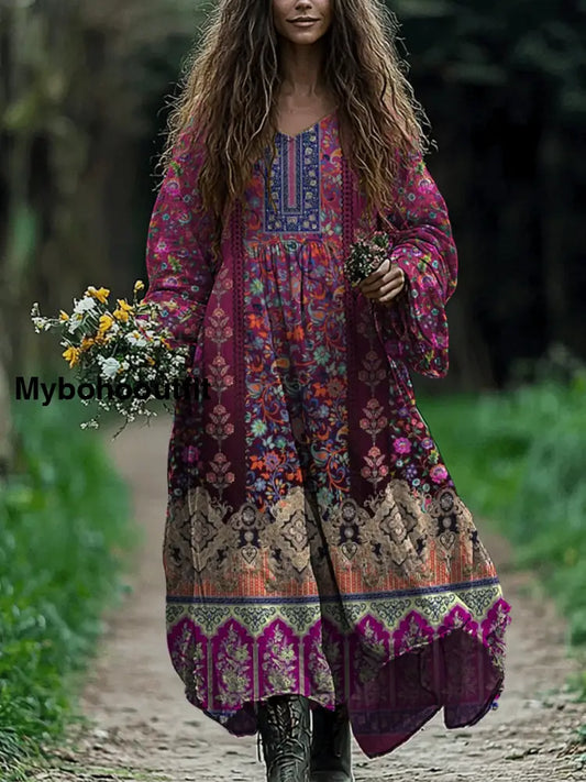 Retro Boho Floral Art Print Vintage Chic V-Neck Cotton Long Sleeve Midi Dress A / S