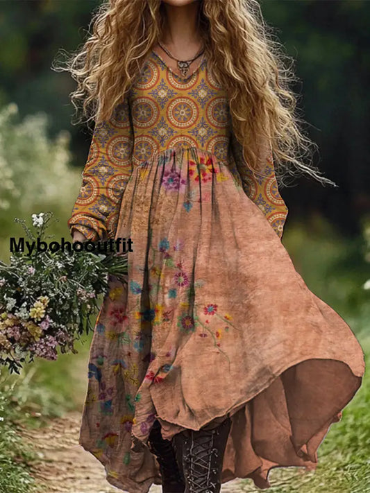 Retro Boho Floral Art Print Vintage Chic V-Neck Cotton Long Sleeve Midi Dress A / S