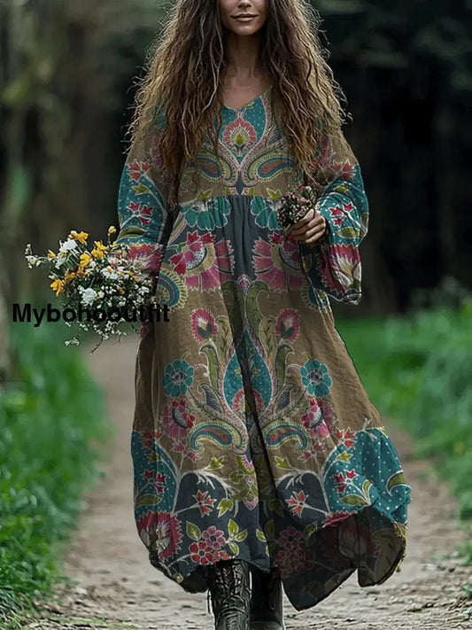 Retro Boho Floral Art Print Vintage Chic V-Neck Cotton Long Sleeve Midi Dress A / S