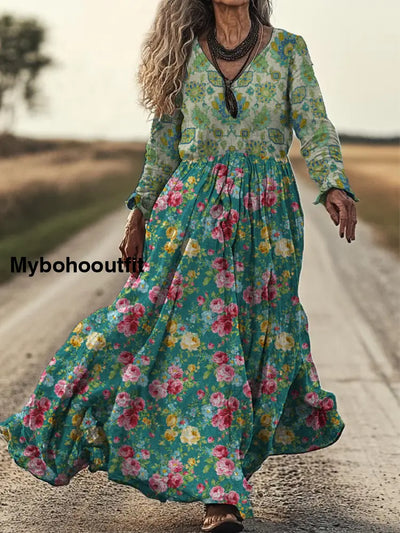 Retro Boho Floral Art Print Vintage Chic V-Neck Cotton Long Sleeve Midi Dress A / S