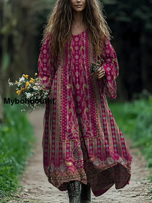 Retro Boho Floral Art Print Vintage Chic V-Neck Cotton Long Sleeve Midi Dress A / S