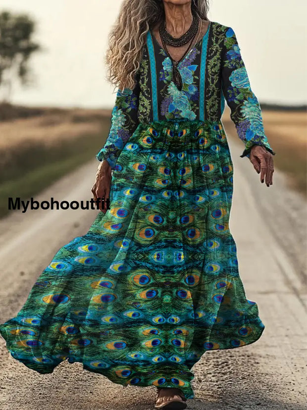 Retro Boho Floral Art Print Vintage Chic V-Neck Cotton Long Sleeve Midi Dress A / S