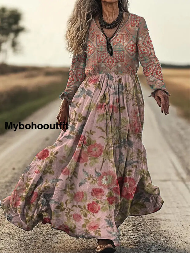 Retro Boho Floral Art Print Vintage Chic V-Neck Cotton Long Sleeve Midi Dress A / S