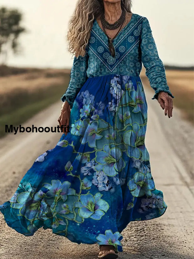 Retro Boho Floral Art Print Vintage Chic V-Neck Cotton Long Sleeve Midi Dress A / S