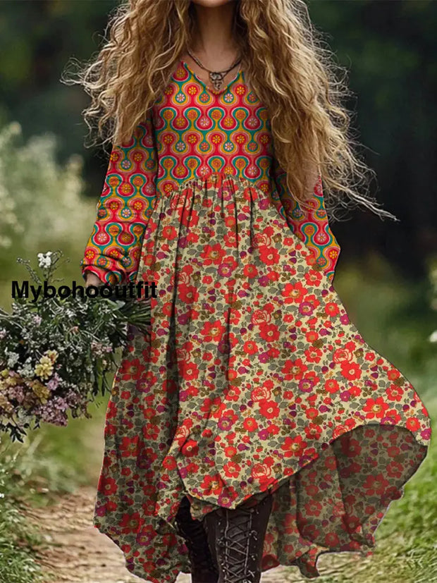 Retro Boho Floral Art Print Vintage Chic V-Neck Cotton Long Sleeve Midi Dress A / S