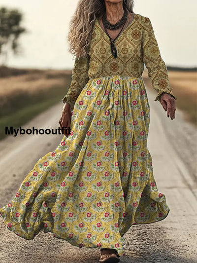 Retro Boho Floral Art Print Vintage Chic V-Neck Cotton Long Sleeve Midi Dress A / S