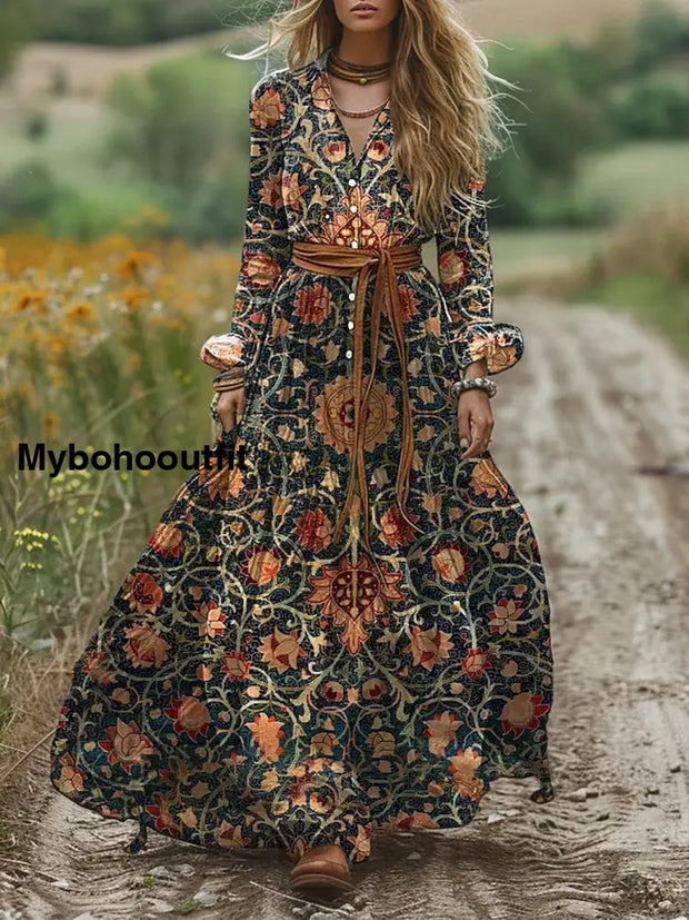 Retro Boho Floral Art Print Vintage Chic V-Neck Lace-Up Bohemian Long Sleeve Midi Dress A / S