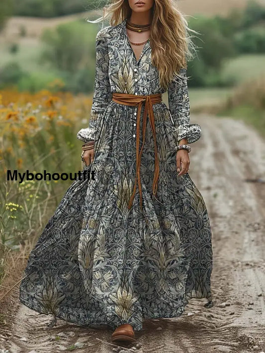 Retro Boho Floral Art Print Vintage Chic V-Neck Lace-Up Bohemian Long Sleeve Midi Dress A / S