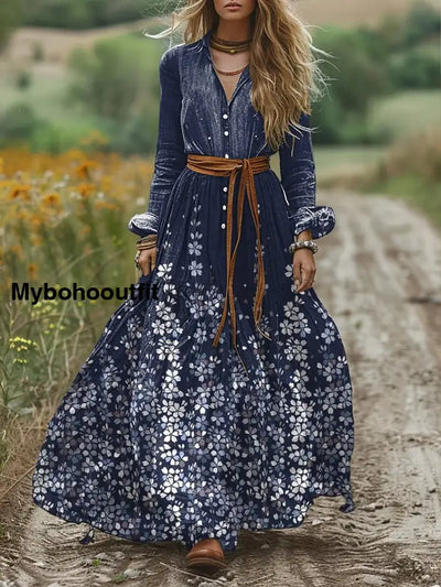 Retro Boho Floral Art Print Vintage Chic V-Neck Lace-Up Bohemian Long Sleeve Midi Dress A / S