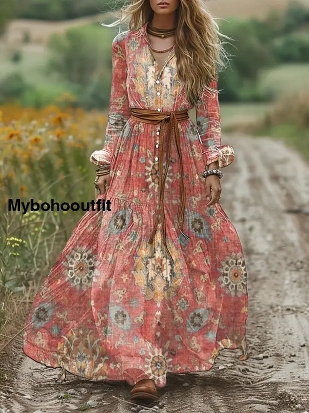 Retro Boho Floral Art Print Vintage Chic V-Neck Lace-Up Bohemian Long Sleeve Midi Dress A / S