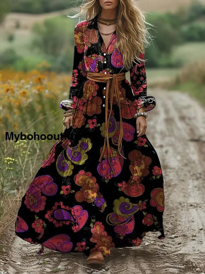 Retro Boho Floral Art Print Vintage Chic V-Neck Lace-Up Bohemian Long Sleeve Midi Dress A / S