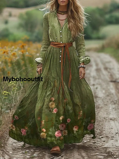 Retro Boho Floral Art Print Vintage Chic V-Neck Lace-Up Bohemian Long Sleeve Midi Dress A / S