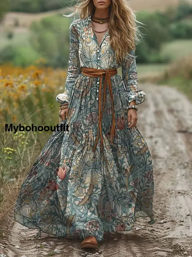 Retro Boho Floral Art Print Vintage Chic V-Neck Lace-Up Bohemian Long Sleeve Midi Dress A / S