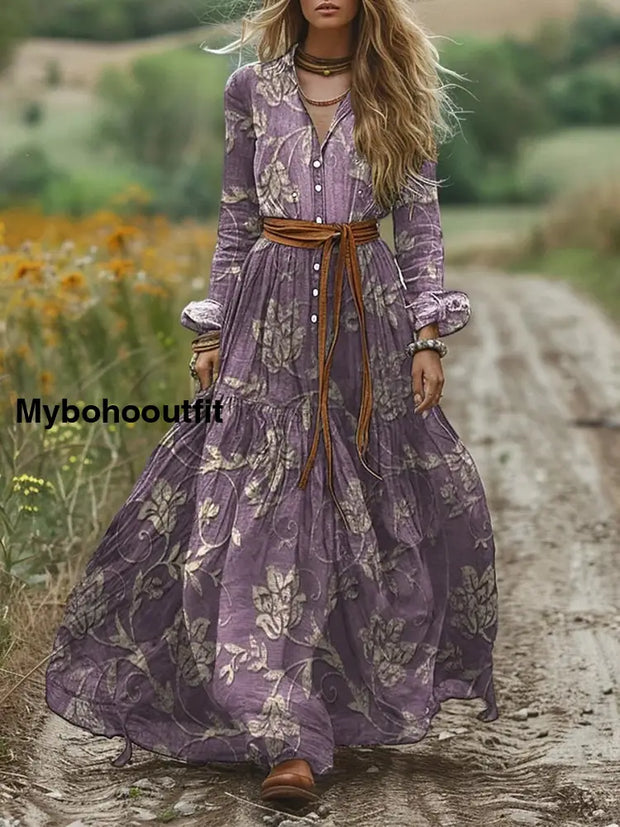 Retro Boho Floral Art Print Vintage Chic V-Neck Lace-Up Bohemian Long Sleeve Midi Dress A / S