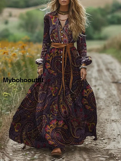 Retro Boho Floral Art Print Vintage Chic V-Neck Lace-Up Bohemian Long Sleeve Midi Dress A / S