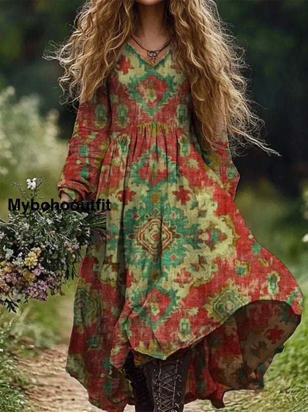 Retro Boho Floral Art Print Vintage Chic V-Neck Long Sleeve Midi Dress A / S