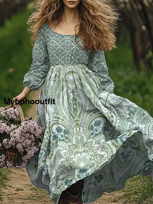 Retro Boho Floral Art Print Vintage Chic V-Neck Long Sleeve Midi Dress A / S