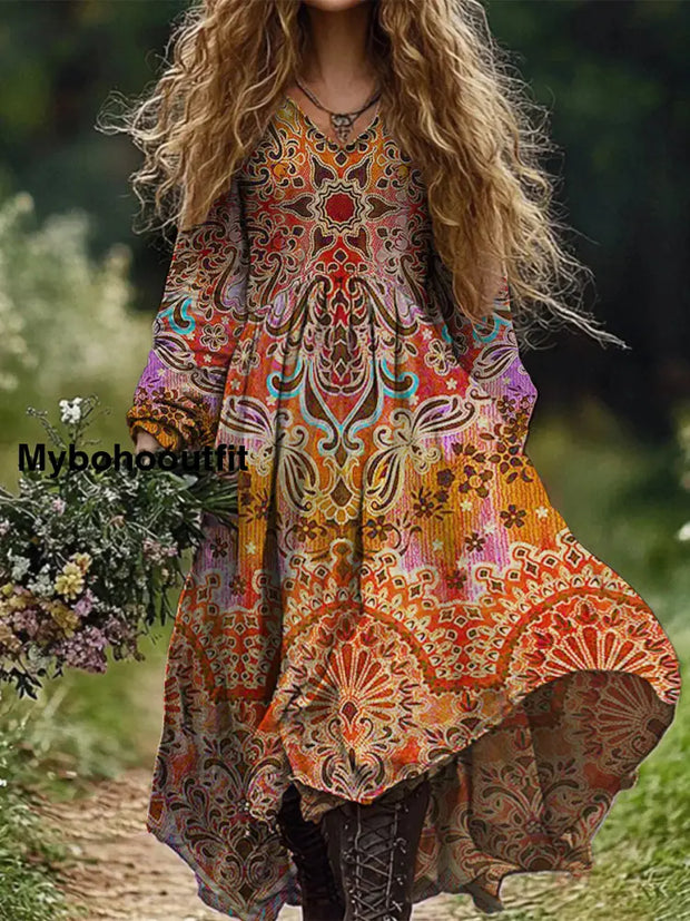 Retro Boho Floral Art Print Vintage Chic V-Neck Long Sleeve Midi Dress A / S