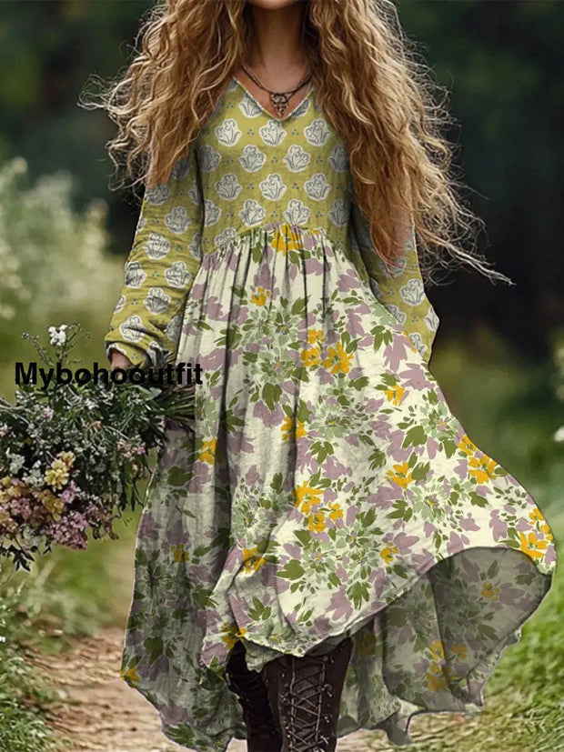 Retro Boho Floral Art Print Vintage Chic V-Neck Long Sleeve Midi Dress A / S