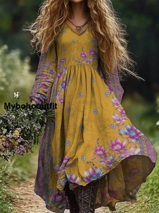 Retro Boho Floral Art Print Vintage Chic V-Neck Long Sleeve Midi Dress A / S