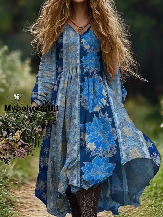 Retro Boho Floral Art Print Vintage Chic V-Neck Long Sleeve Midi Dress A / S