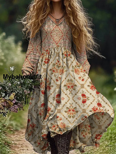 Retro Boho Floral Art Print Vintage Chic V-Neck Long Sleeve Midi Dress A / S