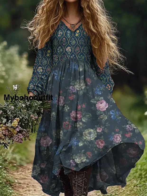 Retro Boho Floral Art Print Vintage Chic V-Neck Long Sleeve Midi Dress A / S