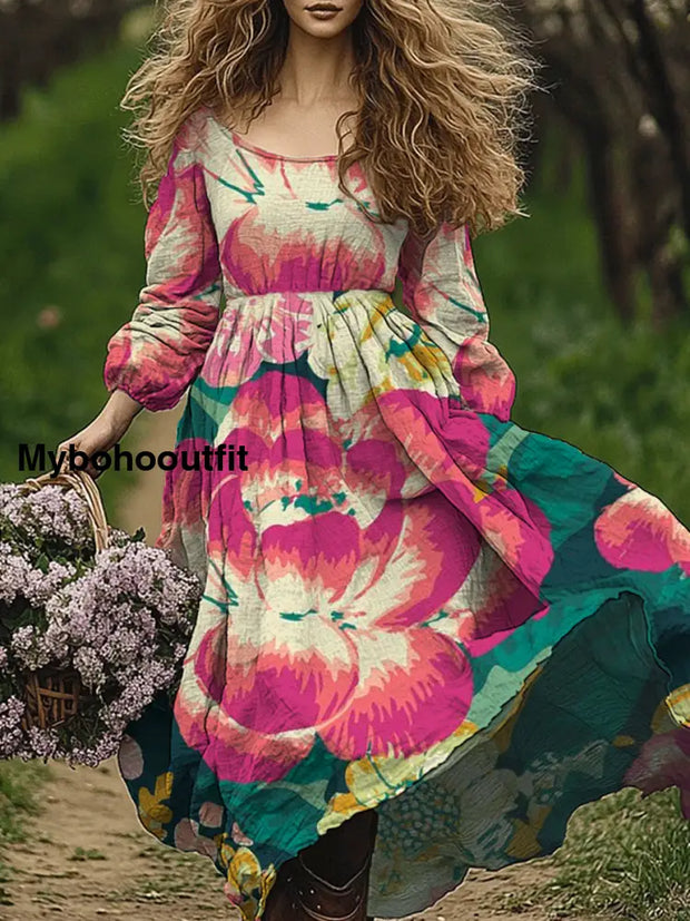 Retro Boho Floral Art Print Vintage Chic V-Neck Long Sleeve Midi Dress A / S