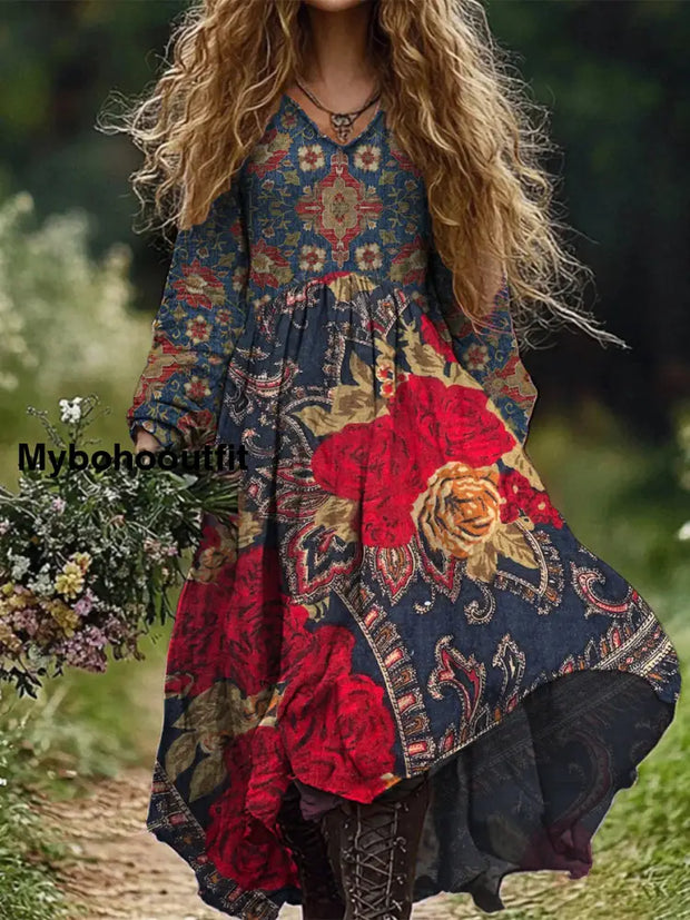 Retro Boho Floral Art Print Vintage Chic V-Neck Long Sleeve Midi Dress A / S