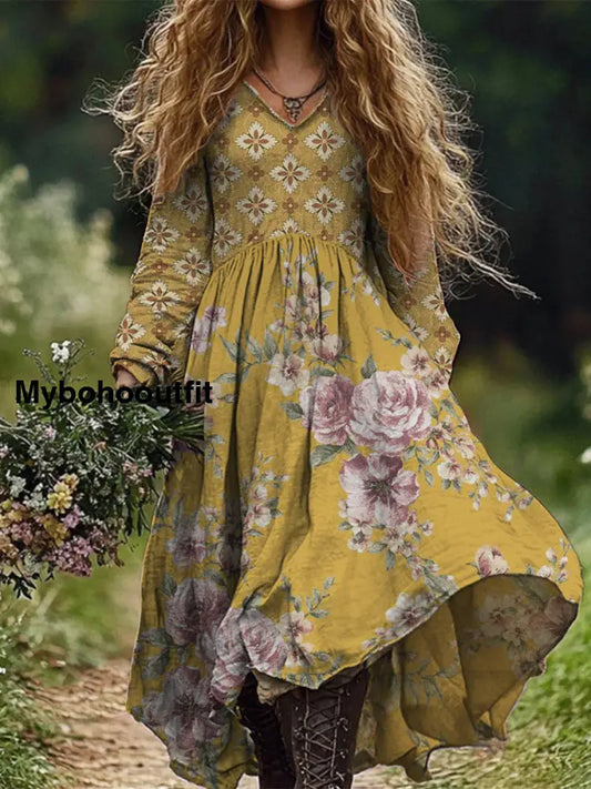 Retro Boho Floral Art Print Vintage Chic V-Neck Long Sleeve Midi Dress A / S
