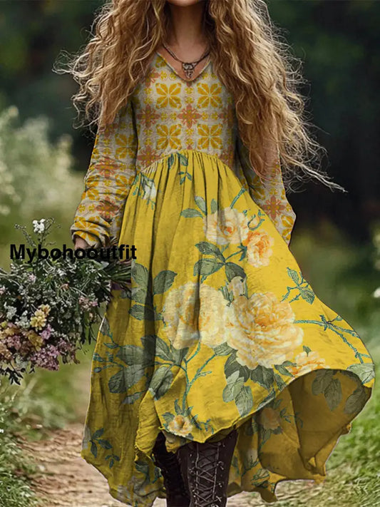 Retro Boho Floral Art Print Vintage Chic V-Neck Long Sleeve Midi Dress A / S