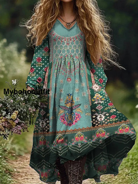 Retro Boho Floral Art Print Vintage Chic V-Neck Long Sleeve Midi Dress A / S