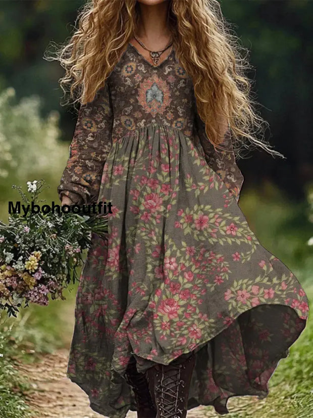 Retro Boho Floral Art Print Vintage Chic V-Neck Long Sleeve Midi Dress A / S