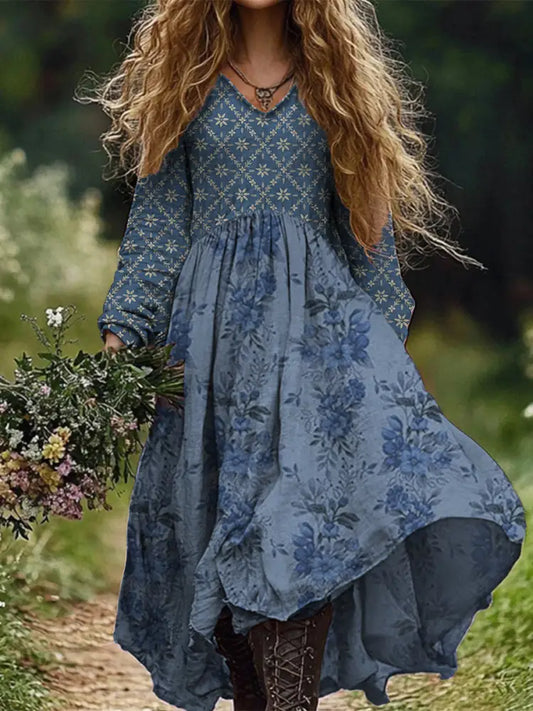 Retro Boho Floral Art Print Vintage Chic V-Neck Long Sleeve Midi Dress A / S