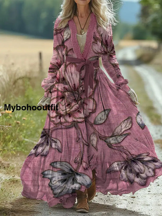 Retro Boho Floral Art Print Vintage Chic Waist Strap V-Neck Cotton Long Sleeve Midi Dress A / S