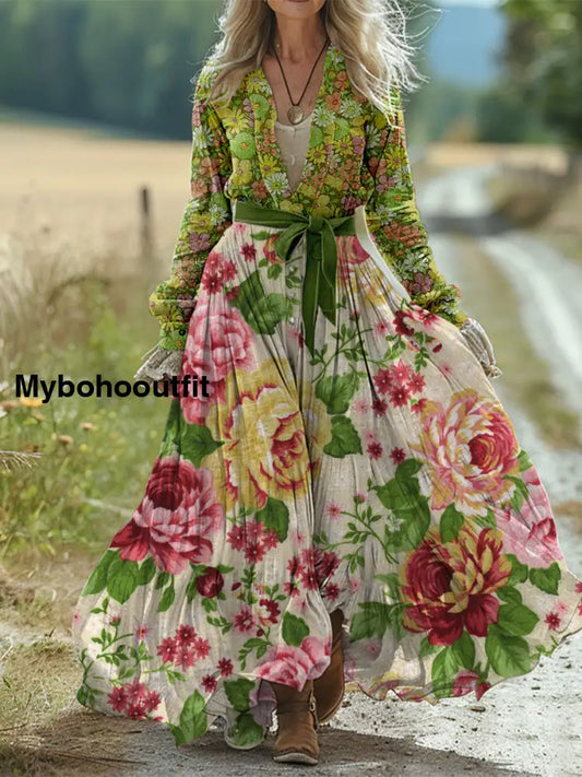 Retro Boho Floral Art Print Vintage Chic Waist Strap V-Neck Cotton Long Sleeve Midi Dress A / S