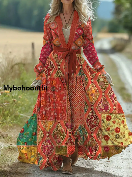Retro Boho Floral Art Print Vintage Chic Waist Strap V-Neck Cotton Long Sleeve Midi Dress A / S
