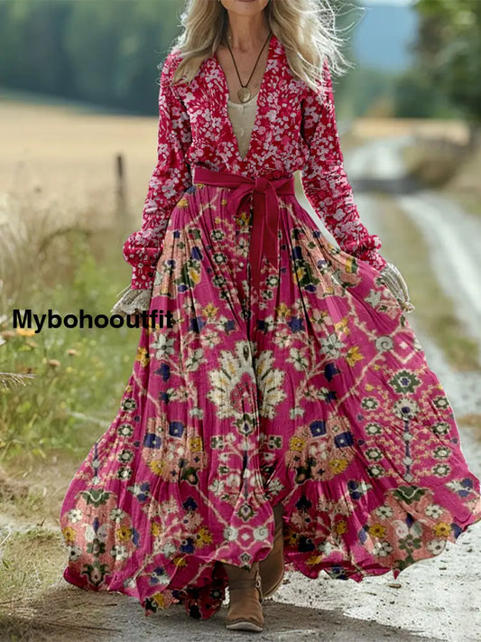 Retro Boho Floral Art Print Vintage Chic Waist Strap V-Neck Cotton Long Sleeve Midi Dress A / S