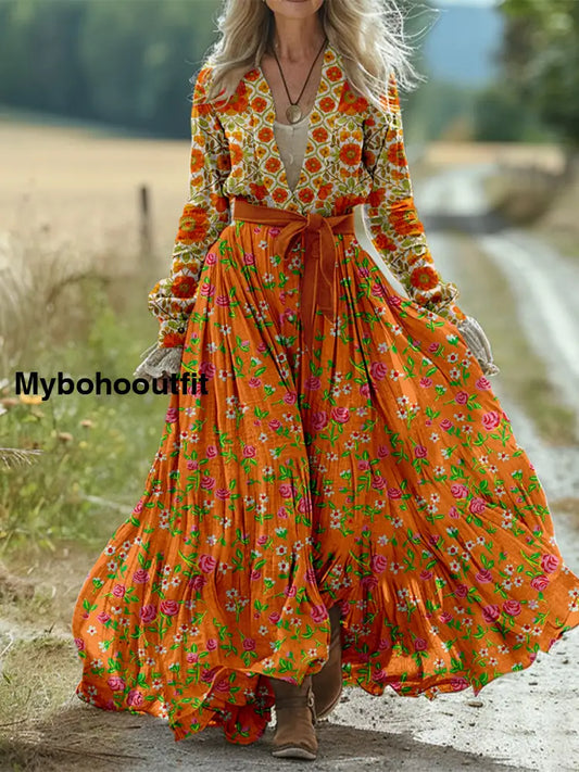 Retro Boho Floral Art Print Vintage Chic Waist Strap V-Neck Cotton Long Sleeve Midi Dress A / S