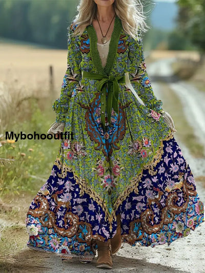 Retro Boho Floral Art Print Vintage Chic Waist Strap V-Neck Cotton Long Sleeve Midi Dress A / S