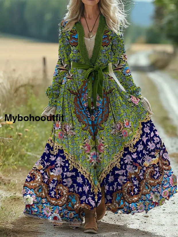 Retro Boho Floral Art Print Vintage Chic Waist Strap V-Neck Cotton Long Sleeve Midi Dress A / S