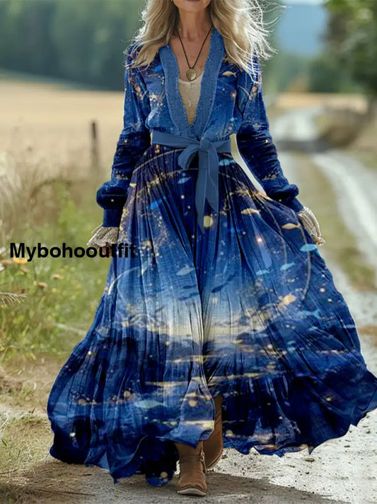 Retro Boho Floral Art Print Vintage Chic Waist Strap V-Neck Cotton Long Sleeve Midi Dress A / S