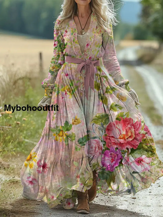 Retro Boho Floral Art Print Vintage Chic Waist Strap V-Neck Cotton Long Sleeve Midi Dress A / S