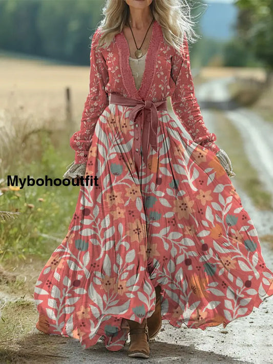 Retro Boho Floral Art Print Vintage Chic Waist Strap V-Neck Cotton Long Sleeve Midi Dress A / S